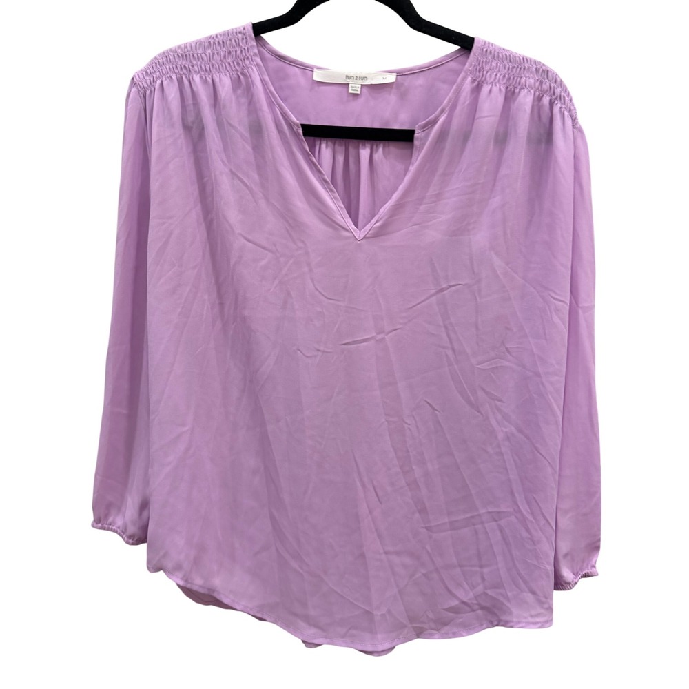 Fun 2 Fun Lavender Split Neck Smocked Shoulder‎ Long Sleeve Blouse Purple Medium